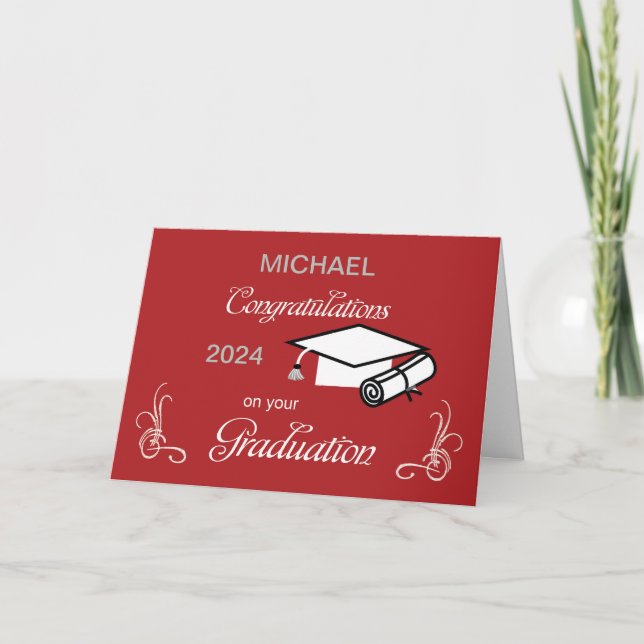Tarjeta Felicitaciones por graduación en rojo y blanco (Anverso)