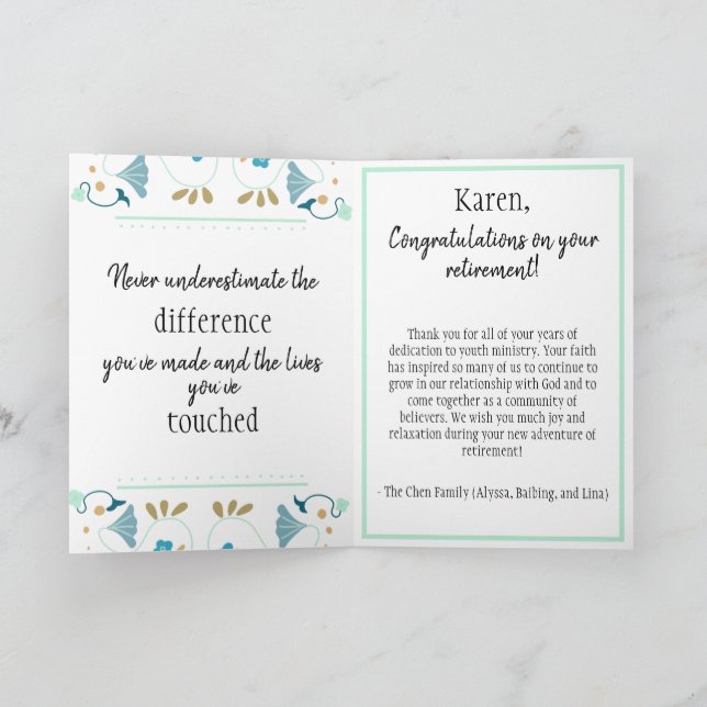 Tarjeta Felicitaciones por jubilación católica (Interior)