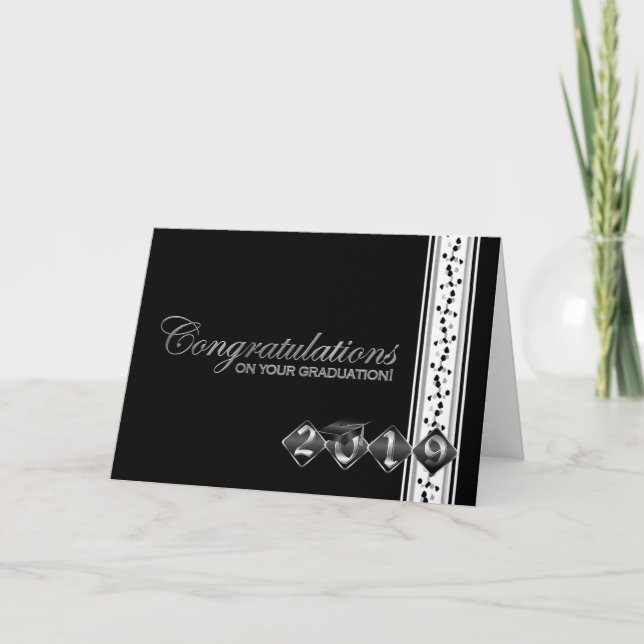 Tarjeta Felicitaciones por la graduación en negro y plata  (Anverso)
