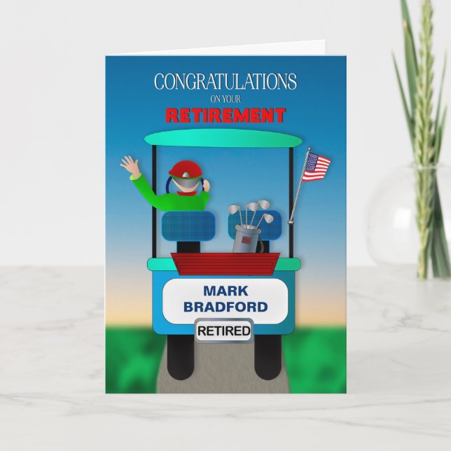 Tarjeta Felicitaciones por la Jubilación Golfer Riding Car (Anverso)