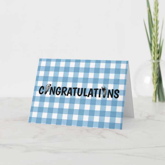 Tarjeta Felicitaciones Por Los Pies De Bebé En Gingham (Anverso)