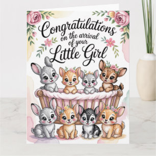 Tarjeta Felicitaciones por Nueva Bebé Niña con Animales de