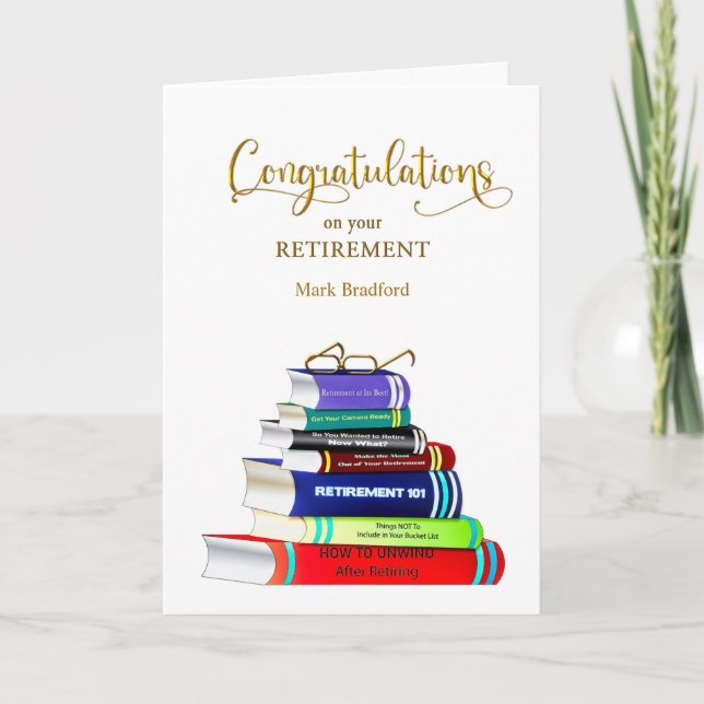 Tarjeta Felicitaciones por sus libros apilados de retiro C (Anverso)
