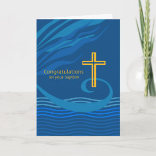 Tarjeta Felicitaciones por tu bautismo, azul, cruz de oro