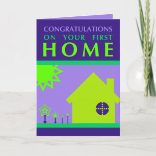 Tarjeta felicitaciones por tu primer hogar (formas púrpura