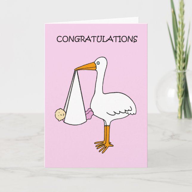 Tarjeta Felicitaciones Recién nacido Chica con Stork (Anverso)
