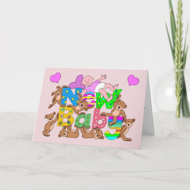 Tarjeta Felicitaciones Recién nacido Chica Con Teddy Bears (Anverso)