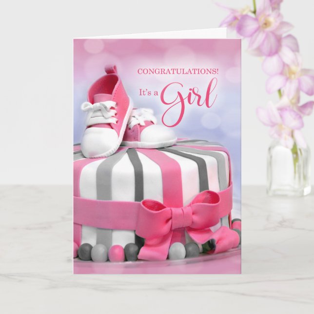 Tarjeta Felicitaciones Recién nacido Chica en rosa y púrpu (Orquídea)