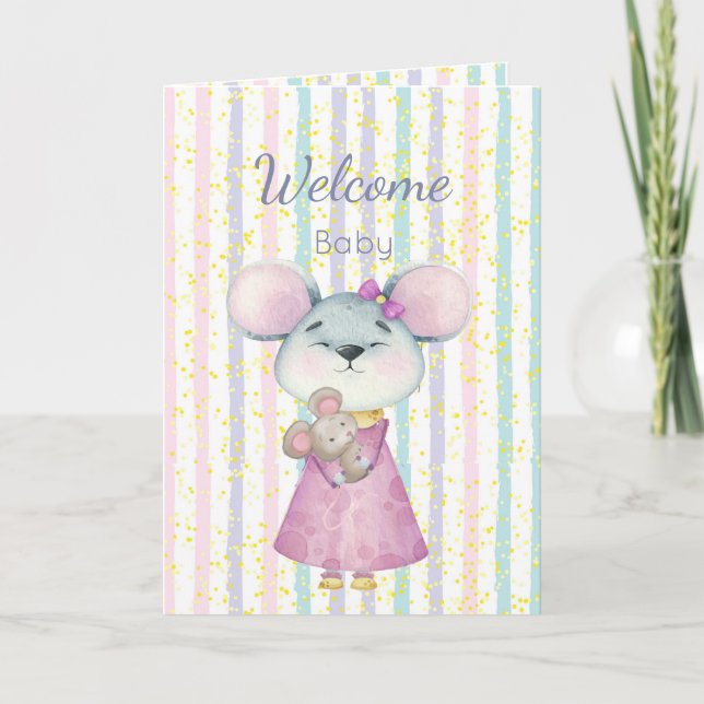 Tarjeta Felicitaciones Recién nacido Diversión Cute Ratón  (Anverso)