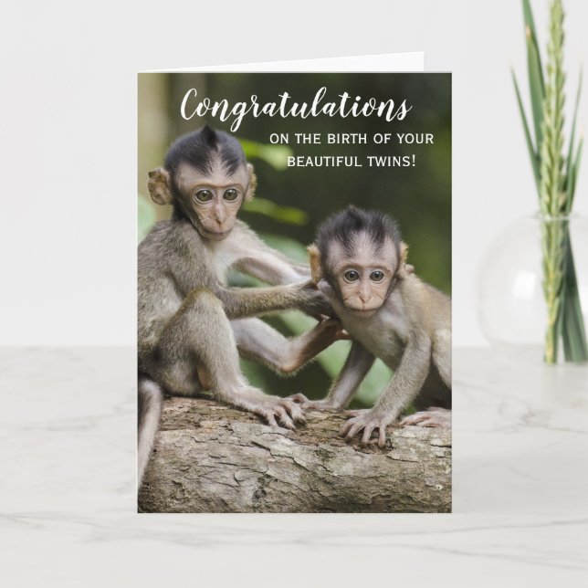 Tarjeta Felicitaciones Recién nacido Twins Monkey Card (Anverso)