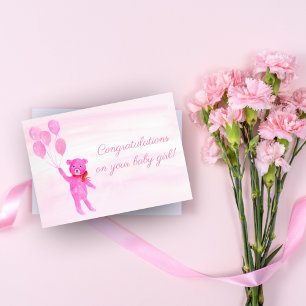 Tarjeta Felicitaciones Watercolor Pink Teddy Bear Chica