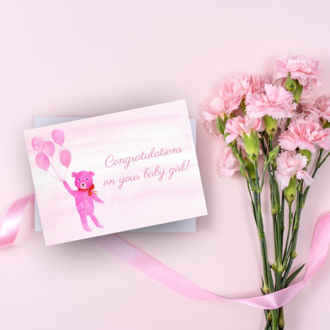 Tarjeta Felicitaciones Watercolor Pink Teddy Bear Chica (Subido por el creador)