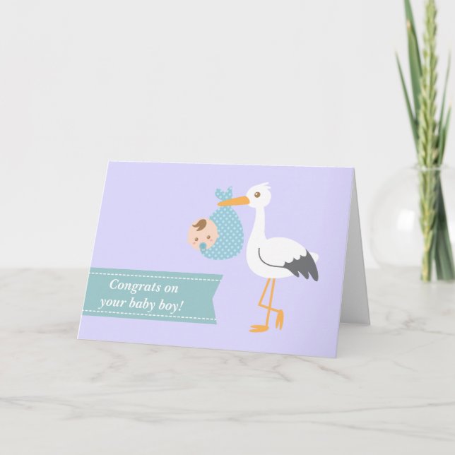 Tarjeta Felicite a los nuevos padres - cigüeña con el bebé (Anverso)