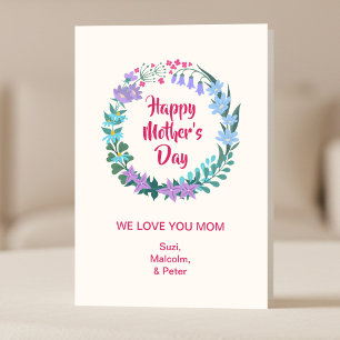 Tarjeta Feliciz Día de la Madre Corona de Flores Azul Rosa