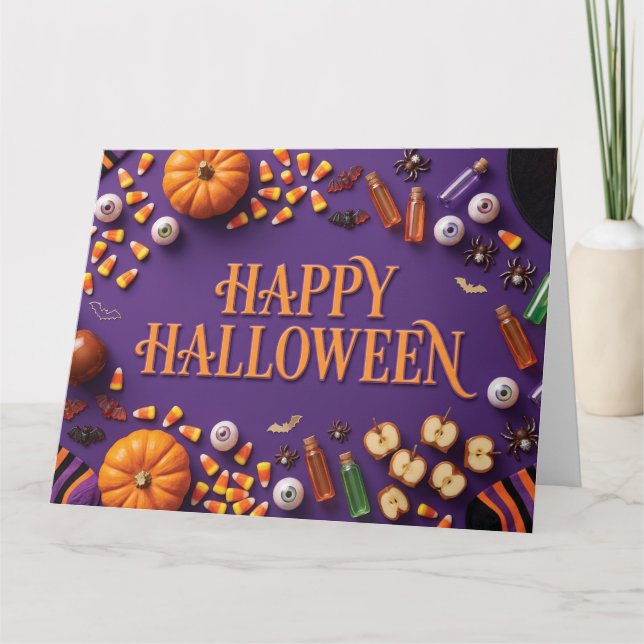 Tarjeta Feliciz Halloween Composición Plan en Morado (Anverso)