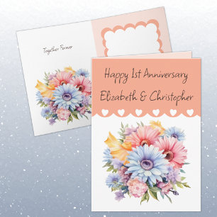 Tarjeta Feliz 1º Aniversario las flores durazno