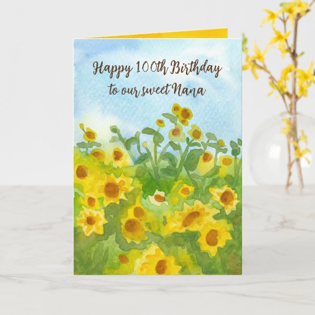 Tarjeta Feliz 100 aniversario Nana Sunflowers Personalizad (flor amarilla)