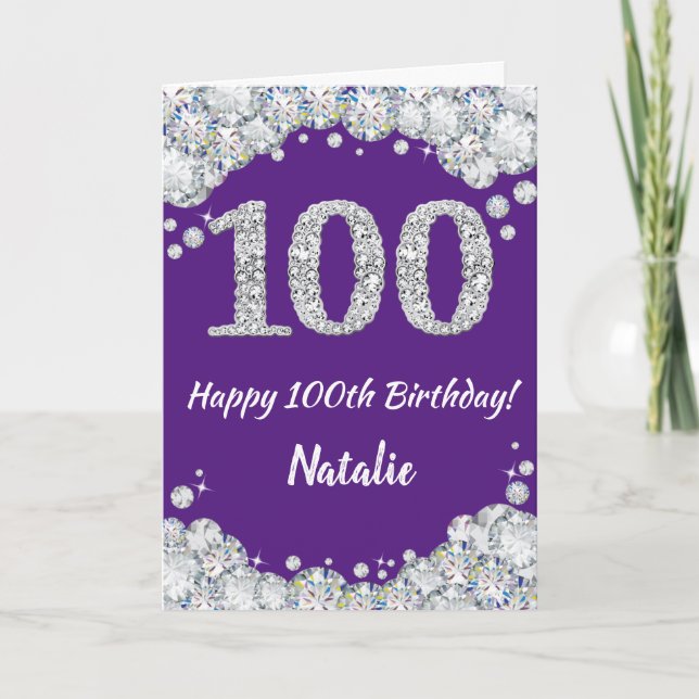 Tarjeta Feliz 100 cumpleaños, Purpurina morado y plateado (Anverso)