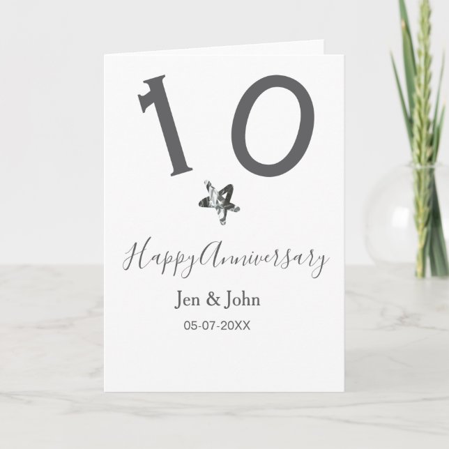 Tarjeta Feliz 10 aniversario fecha estrella metalizado gri (Anverso)