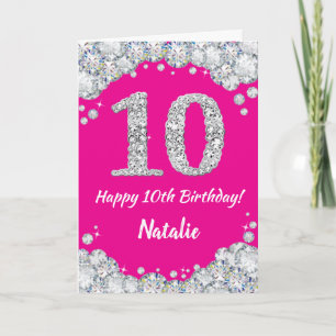 Tarjeta Feliz 10 cumpleaños, Purpurina de Plata y Rosa Cal