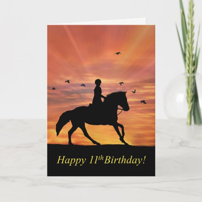Tarjeta Feliz 11° cumpleaños, caballo y jinete (Anverso)