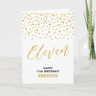 Tarjeta Feliz 11 cumpleaños nombre personalizado Gold & Bl