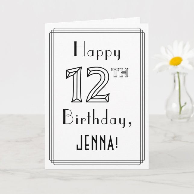 Tarjeta Feliz 12 cumpleaños, estilo Art Deco con nombre pe (Planta pequeña)