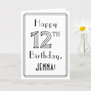 Tarjeta Feliz 12 cumpleaños, estilo Art Deco con nombre pe