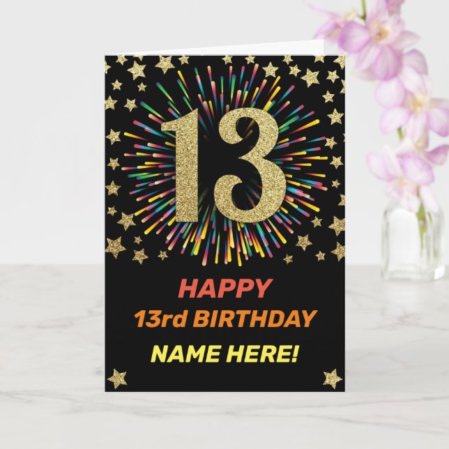 Tarjeta Feliz 13° cumpleaños de fuegos arcoiris en negro y (Orquídea)