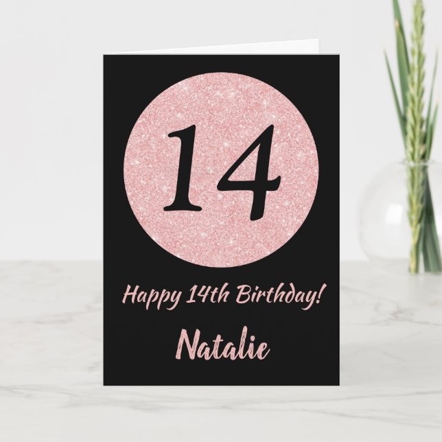 Tarjeta Feliz 14º cumpleaños oro negro y rosado Rosa (Anverso)