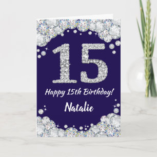 Tarjeta Feliz 15º cumpleaños Purpurina azul y plateado de 