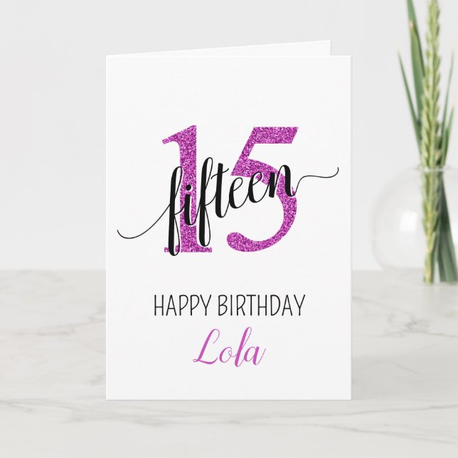 Tarjeta Feliz 15º cumpleaños Purpurina Rosa niña (Anverso)