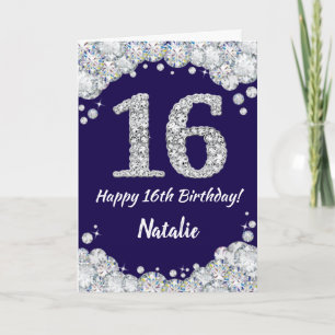 Tarjeta Feliz 16º cumpleaños Purpurina azul y plateado de 