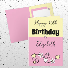 Tarjeta Feliz 16 cumpleaños nombre amarillo rosa