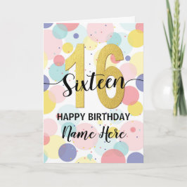 Tarjeta Feliz 16 cumpleaños Pastel Arcoiris y Chica de oro