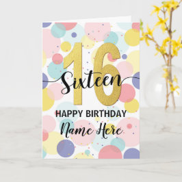 Tarjeta Feliz 16 cumpleaños Pastel Arcoiris y Chica de oro