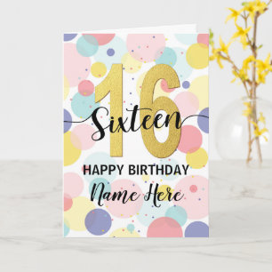 Tarjeta Feliz 16 cumpleaños Pastel Arcoiris y Chica de oro