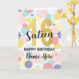 Tarjeta Feliz 16 cumpleaños Pastel Arcoiris y Chica de oro