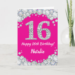 Tarjeta Feliz 16 cumpleaños, Purpurina de Plata y Rosa Cal