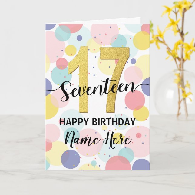 Tarjeta Feliz 17 cumpleaños Pastel Arcoiris y Chica de oro (flor amarilla)