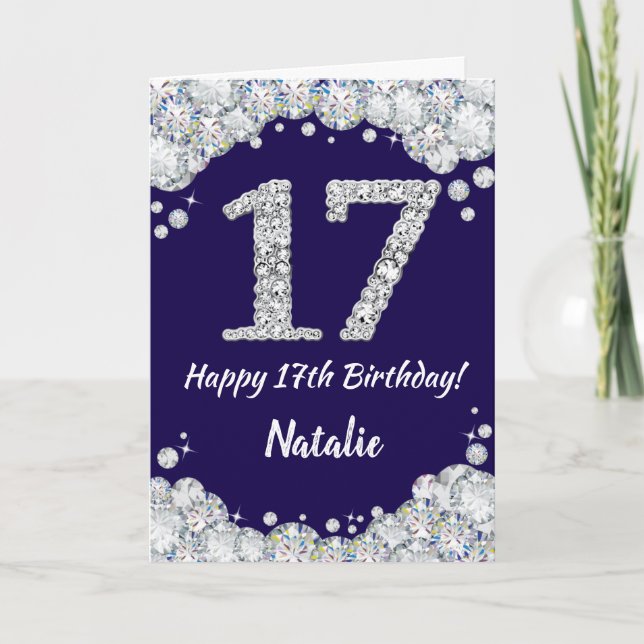Tarjeta Feliz 17 cumpleaños Purpurina azul y plateado de l (Anverso)