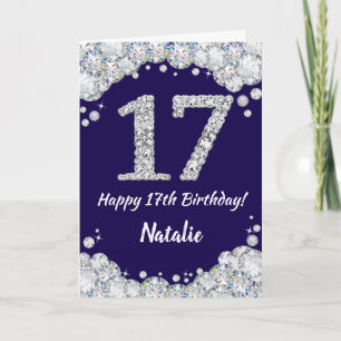 Tarjeta Feliz 17 cumpleaños Purpurina azul y plateado de l