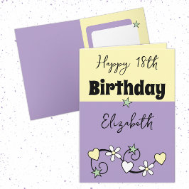 Tarjeta Feliz 18 cumpleaños nombre amarillo púrpura