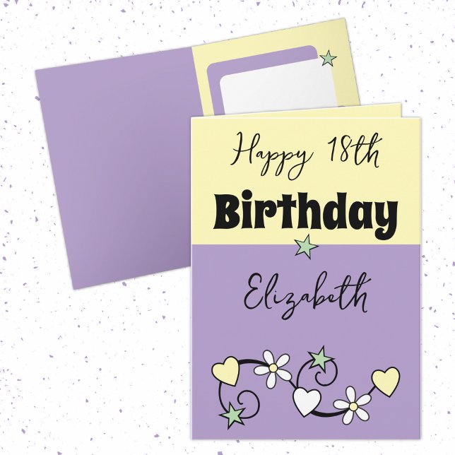 Tarjeta Feliz 18 cumpleaños nombre amarillo púrpura (Subido por el creador)