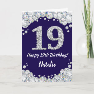Tarjeta Feliz 19° cumpleaños Purpurina azul y plateado de 