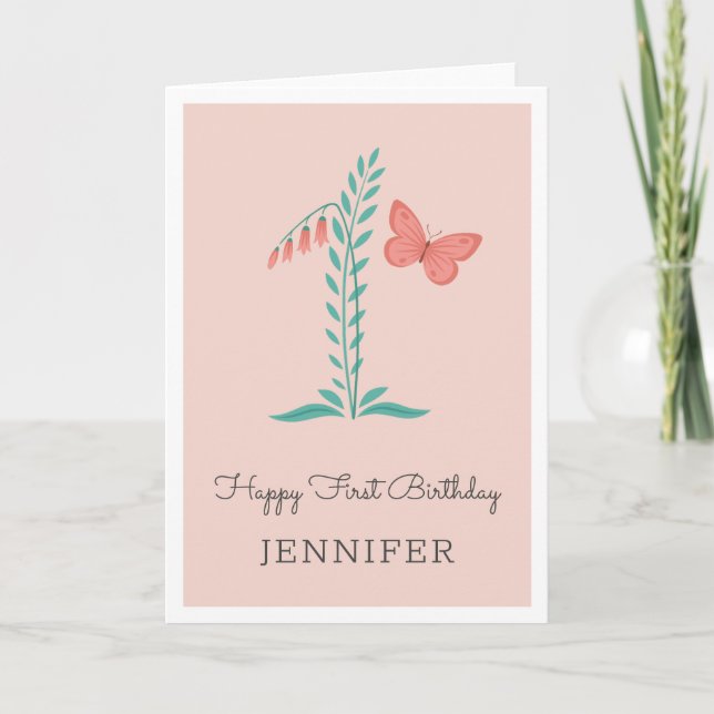 Tarjeta Feliz 1 cumpleaños bebé Butterfly Floral Card (Anverso)