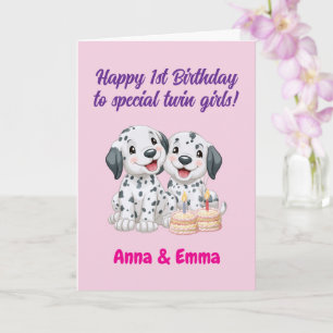 Tarjeta Feliz 1er Cumpleaños a Gemelas, Cachorros Lindos 