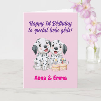 Tarjeta Feliz 1er Cumpleaños a Gemelas, Cachorros Lindos