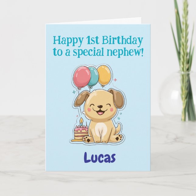 Tarjeta Feliz 1er cumpleaños a un sobrino especial, cachor (Anverso)