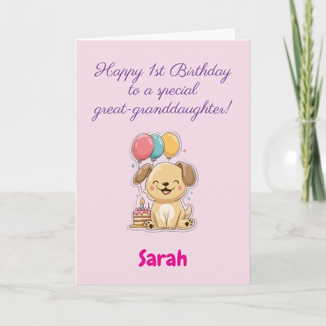 Tarjeta Feliz 1er Cumpleaños Bisnieta, Cachorro (Anverso)
